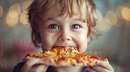 Naklejka premium the boy is eating pizza. selective focus