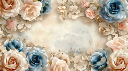 3d render of white wall decorated with blue and beige flowers