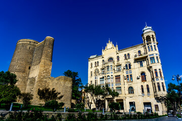 Fototapeta na wymiar 200 years old Hajinski house located opposite of Maiden tower in capital of Azerbaijan, Baku, as taken in October 2023.