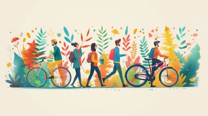 Poster showing people walking, eating, riding a bike, taking photos, chatting and dancing, watching a performance. Editable flat design illustration.