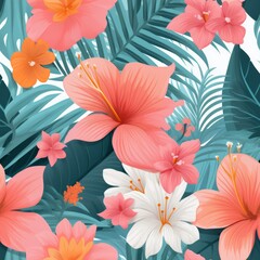 Pink and White Tropical Floral Seamless Pattern with Overlapping Leaves and Flowers for Textile, Wallpaper, and Various Design Projects, adding a Touch of Natural Beauty.