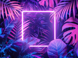 Fototapeta na wymiar Neon square frame surrounded by tropical leaves natural background