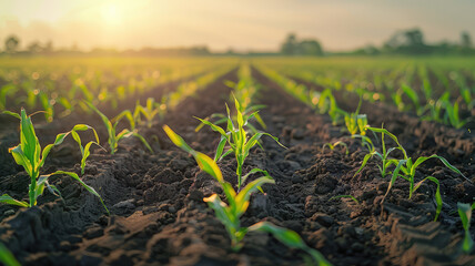 Rows of young corn plants the sunset Green corn