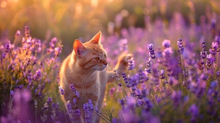 Happy walking cute pet cat listening ears in a purple lilac lavender flower herb field in summer - Powered by Adobe