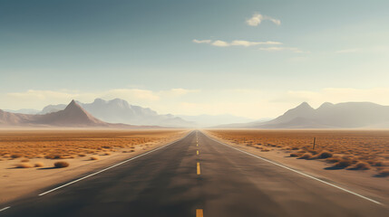 Highway in the desert, mountains on the horizon