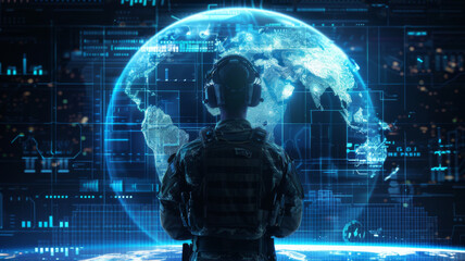 Monitoring and managing security technology in a military surveillance hub headquarters. Concept Military Surveillance