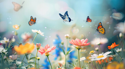 Fototapeta na wymiar An image showcasing a colorful garden alive with a variety of butterflies flitting among blooming flowers, symbolizing the lively activity and renewal that spring brings.