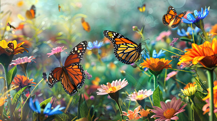 An image showcasing a colorful garden alive with a variety of butterflies flitting among blooming flowers, symbolizing the lively activity and renewal that spring brings. - obrazy, fototapety, plakaty