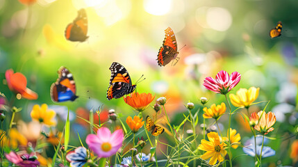Obraz na płótnie Canvas An image showcasing a colorful garden alive with a variety of butterflies flitting among blooming flowers, symbolizing the lively activity and renewal that spring brings.