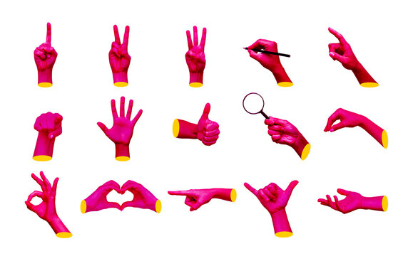 Collection of hot pink hands showing gestures such as ok, peace, heart shape, thumb up, point to object, holding magnifying glass, writing isolated on white background. Creative collage. Modern design