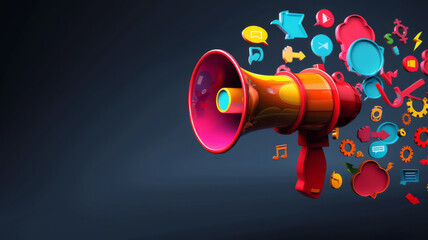 Vibrant  megaphone various marketing buzzwords like SEO social media  public relations Concept Marketing Trends