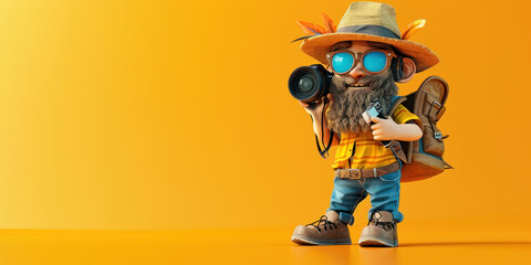Hipster man with camera in hand, sunglasses and hat on orange background, artistic digital illustration