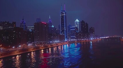 Obraz premium Cityscape at night rooftop perspective with glowing lights reaching far into the horizon