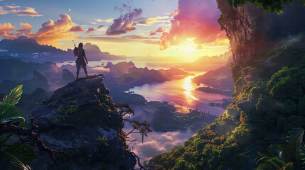 An image showcasing an explorer coming upon an awe-inspiring, undiscovered landscape, with the first rays of dawn illuminating the scene, symbolizing discovery and the awe of encountering the unknown. - Powered by Adobe