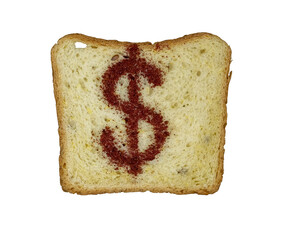 Toast bread with dollar sign. Isolated. Costs grain, price increase.