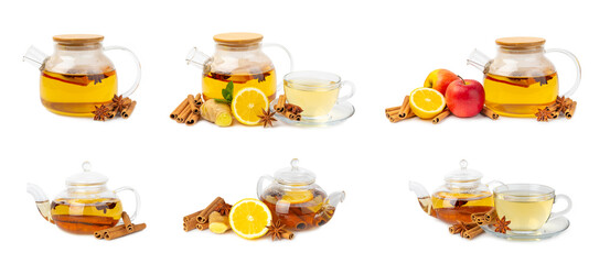 Fragrant hot tea with cinnamon stick and anise isolated on a white background. A teapot brewing hot...