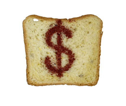 Toast bread with dollar sign. Isolated. Costs grain, price increase.