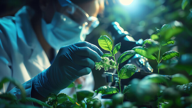 Geneticist in a lab examining plant DNA samples under a microscope working on genetic modifications to enhance crop resistance to diseases