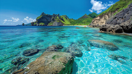 Obraz premium Caribbean white sand beach view with blue water at sunny day 