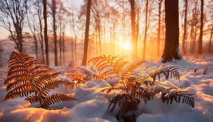 Zimowy poranek w lesie, paprocie. Generative AI - 796666597