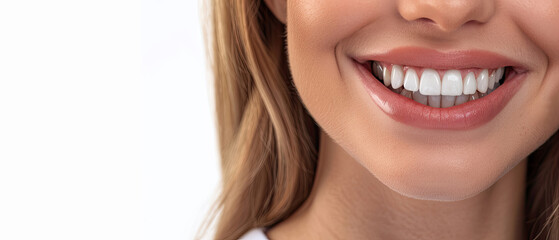 Obraz premium Beautiful smile young woman. White teeth on white background.