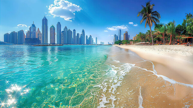 Iconic view of Modern skyscrapers city line and white sand beach with blue ocean water, panorama inspired by Dubai city