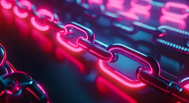 Sleek neon chains frame, linked together, on a minimalist dark background,