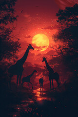 Generative ai illustration of a bright sunset in africa safari