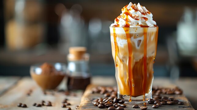 Iced caramel latte coffee in a tall glass with syrup and whipped cream