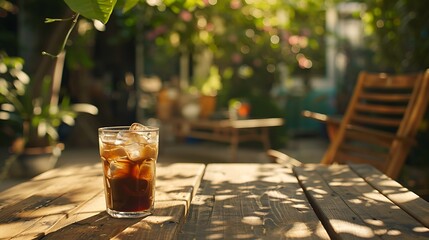 Iced coffee on a wooden table in the garden