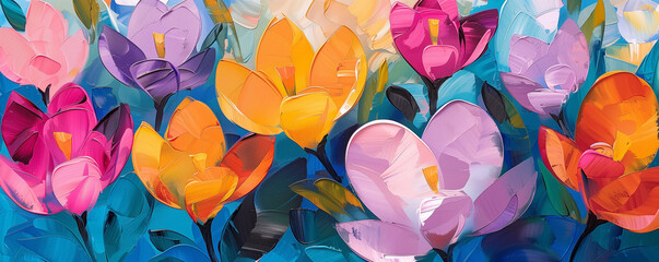 Impressionist-Inspired Bouquet of Multi-Colored Tulips in Lush Acrylic for Vibrant Floral Artwork