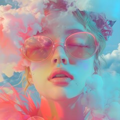 Vector illustration of woman in pink dress and sunglasses among clouds. Hand-drawn design