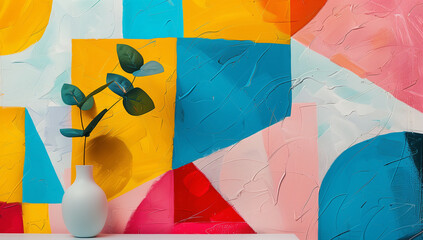 Modern Art and Nature Fusion: Single Rubber Plant Leaf in White Vase Against Geometric Color Block Background