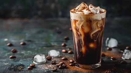 Iced coffee in a tall glass with cream on dark background