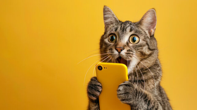 Cute cat shocked hold in hands use mobile cell phone isolated on yellow color background. Funny shopping concept, little kitten holds phone surprised