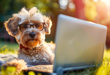 Cute puppy dog relaxing outside with laptop. Funny dog at the public park. Creative concept for advert, poster, app, web, sale, shopping
