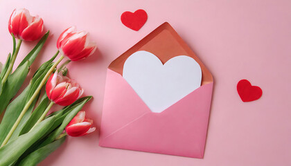 Pink Envelope with Heart-Shaped Paper on Pink Background for Celebrations like Valentine's Day and Mother's Day