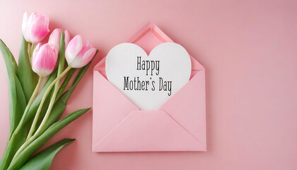 Happy mothers Day.  Pink Envelope with Heart-Shaped Paper on Pink Background for Celebrations like Valentine's Day and Mother's Day