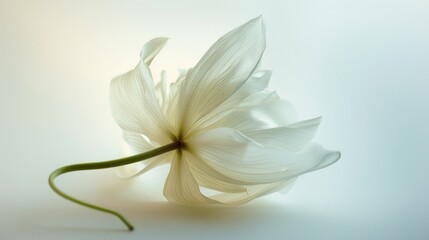 Obraz premium A white flower with a stem is laying on a white background