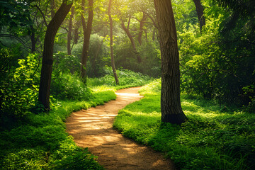 Fototapeta premium Sunlit forest path with lush green foliage and dappled sunlight, evoking tranquility, ideal for nature themes, backdrops, wellness or meditation concepts, background with space for text