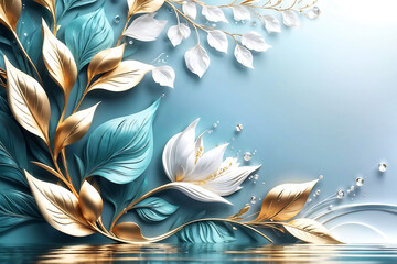 golden and blue Leaves with water drops fall, 3d metallic style. Abstract Design copy space minimalism background