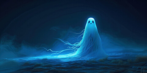 Spooky ghost with glowing eyes in the darkness, Halloween concept, paranormal activity, horror and fear concept