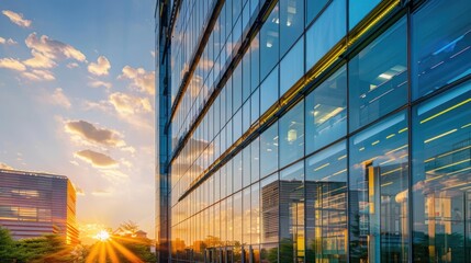 Fototapeta premium A tall building with a lot of windows and a sun shining on it