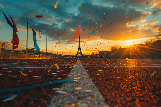 sunset over paris olympic running track 2024 with festive confetti