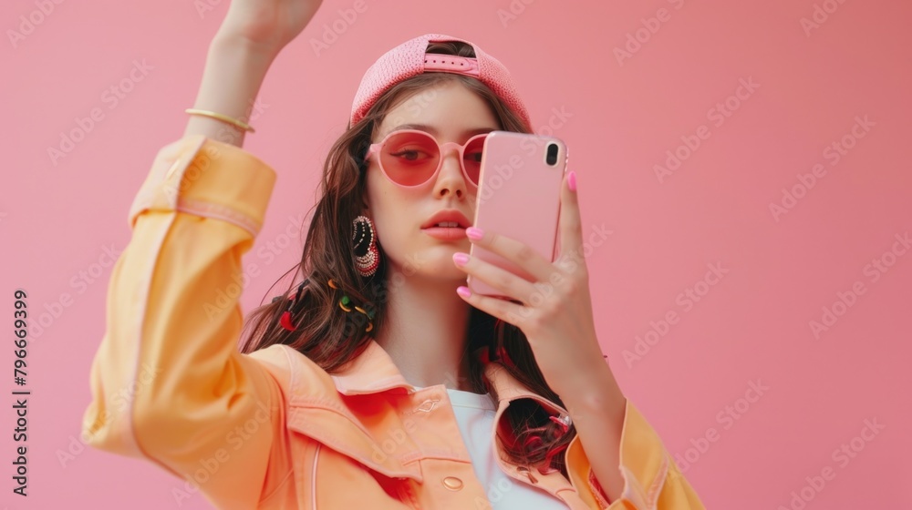 Poster a woman wearing a yellow jacket and pink sunglasses is holding a pink cell phone