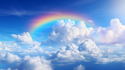 Fototapeta premium Bright Rainbow Over Fluffy White Clouds and Blue Sky