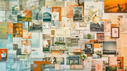 A collage of pictures with a clock in the middle