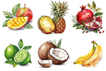 watercolor collection of tropical fruit clipart mango pineapple lime coconut banana pomegranate isolated on white