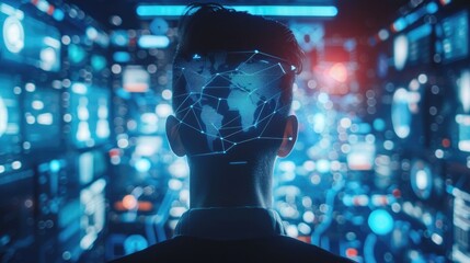 A man is looking at a computer screen with a globe on his head