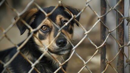 Adapted dog is looking out of a cage